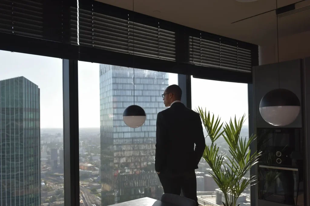 A business leader in a suit looking out over the city from a high-rise office window