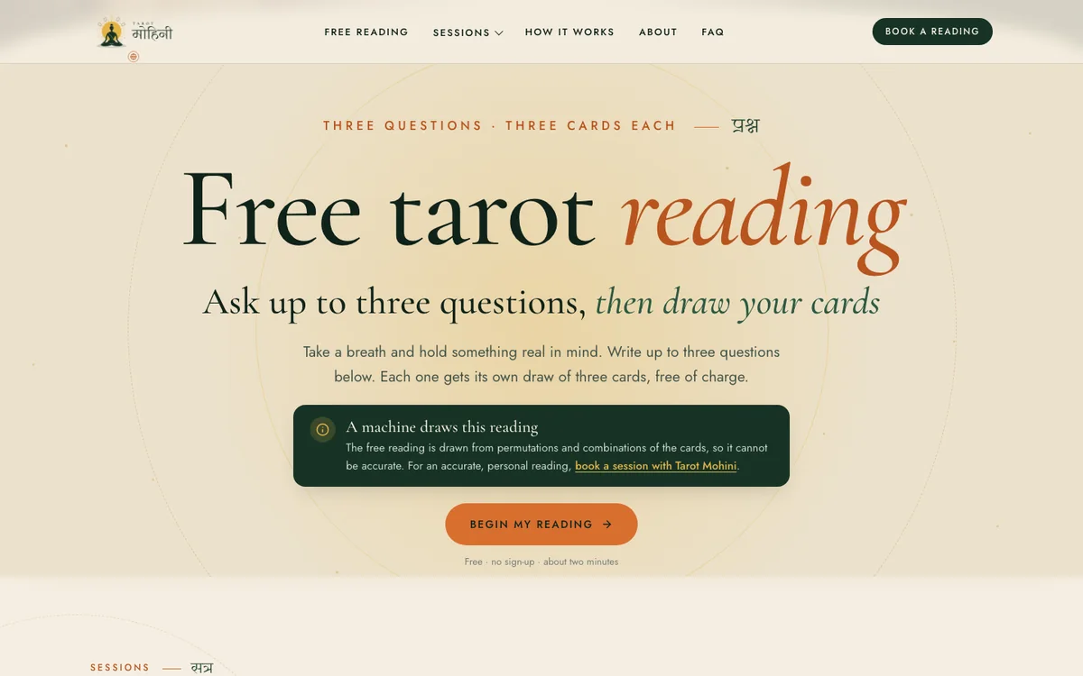 The free tarot reading section of the Tarot Mohini website
