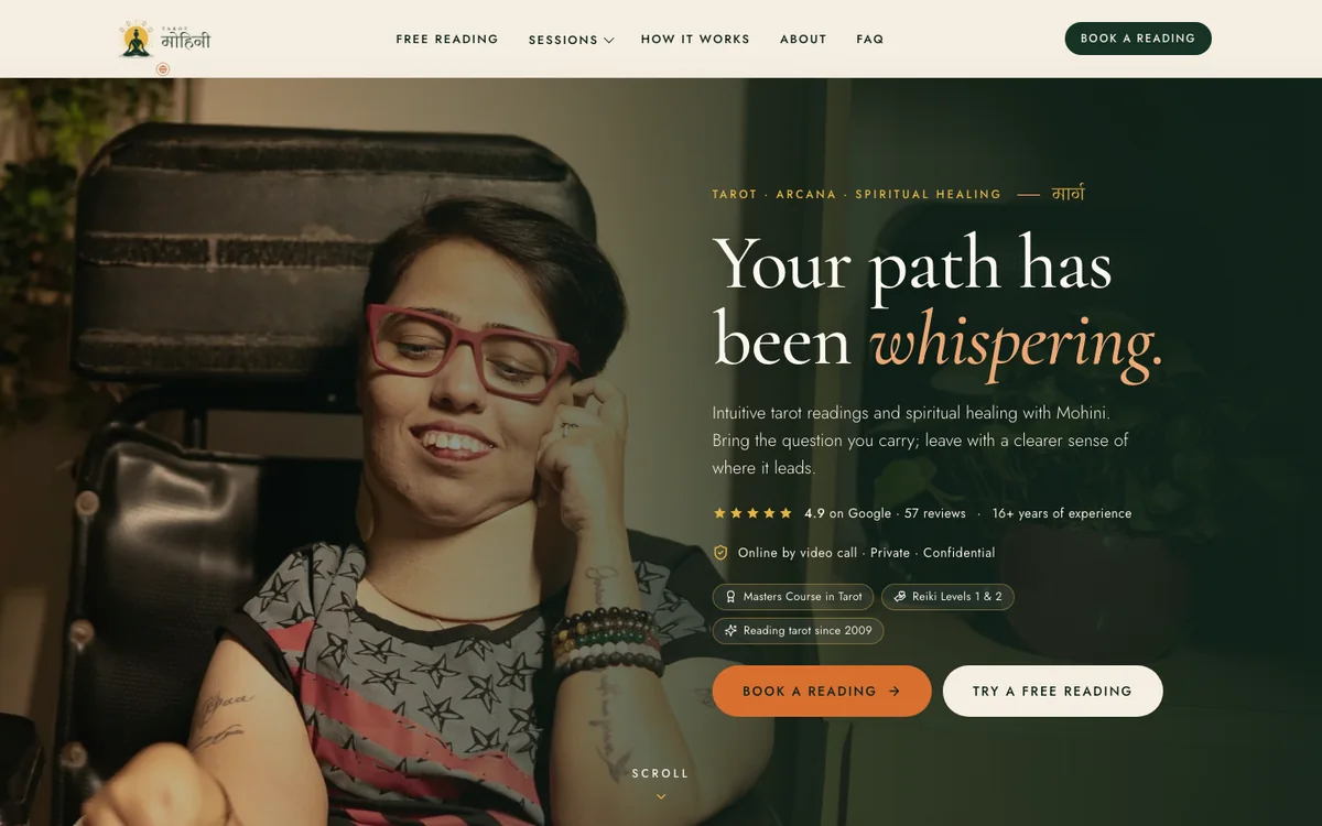 Tarot Mohini homepage hero with a photograph of Mohini, her Google rating and credentials