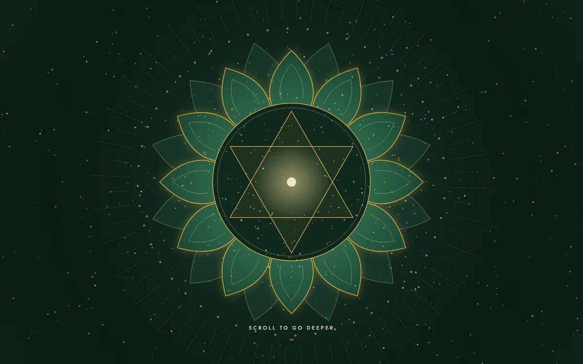The opening screen of the Tarot Mohini website: a glowing heart-chakra lotus on deep green